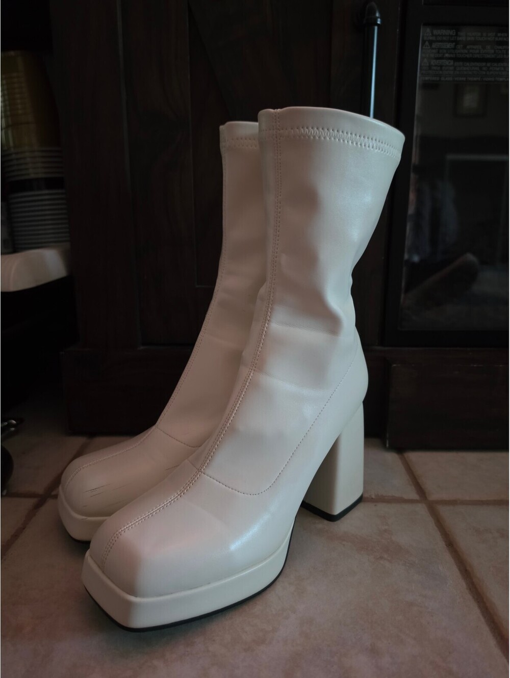 White Square Toe Platform Mid Calf Sock Boots Chunky Block Heel EU 39 US 8.5